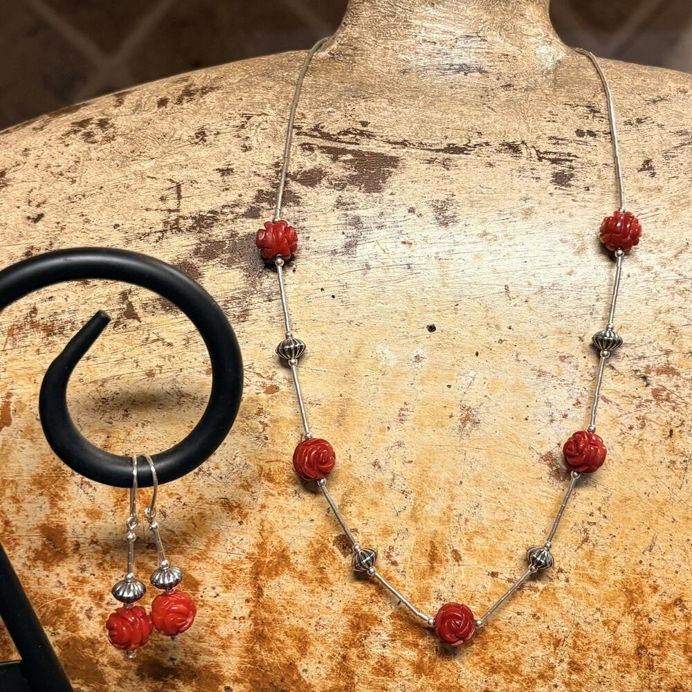 Shube Necklace & Earring Set Sterling Liquid Silver w/ Red Coral Rose Beads Vint